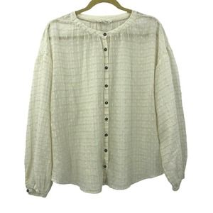 By Anthropologie Sz 14 Button Up Shirt White Puff Sleeves Silver Accents